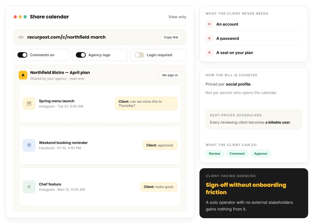 view-only shared calendar link letting a client review and comment without a login