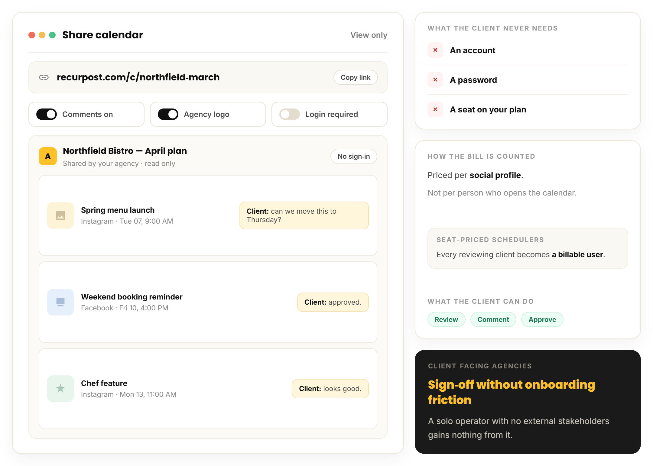 view-only shared calendar link letting a client review and comment without a login