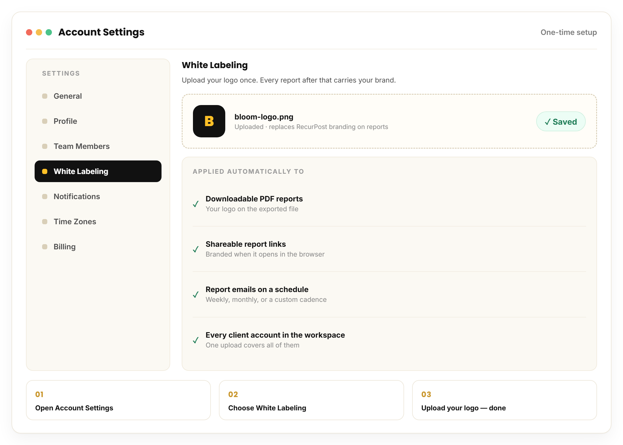 RecurPost Account Settings white labeling and logo upload