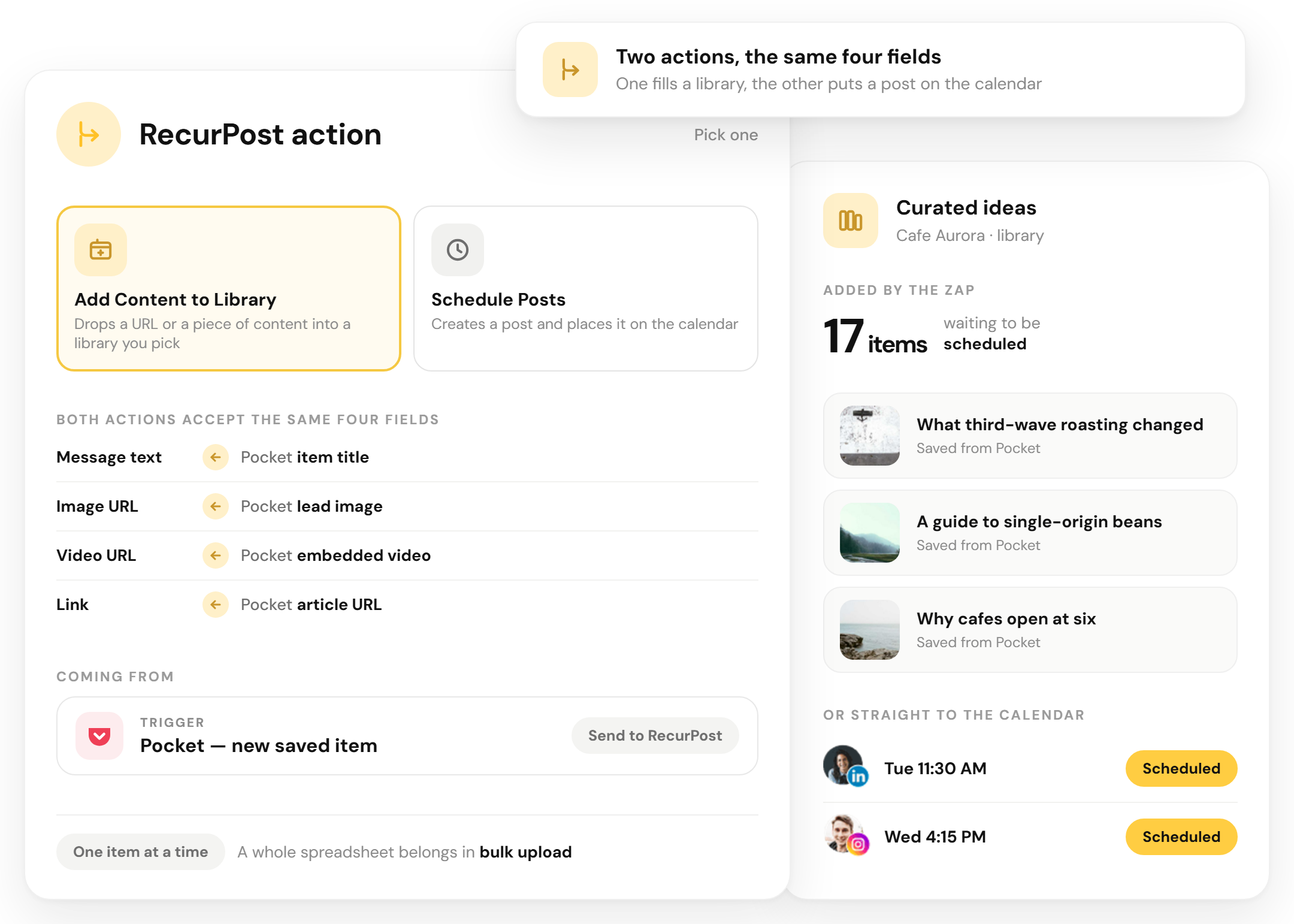 RecurPost Zapier actions Add an Update to a Library and Post a One-Off Update with the four fields they both accept