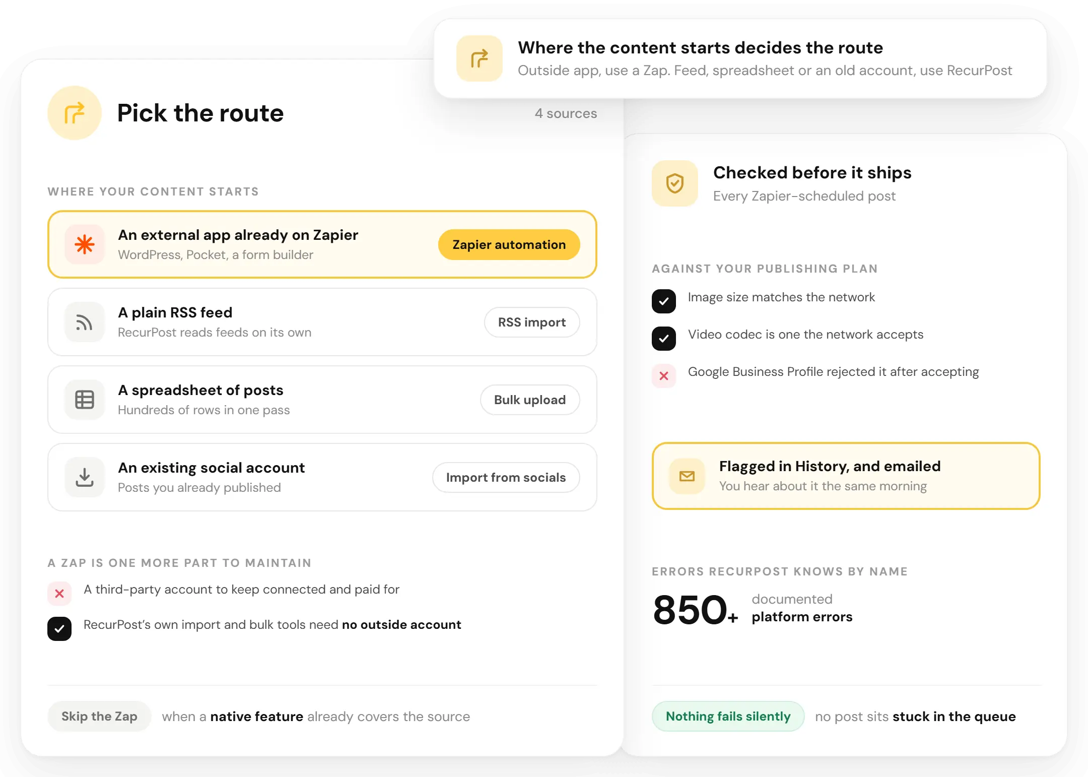 Choosing between Zapier automation and RecurPost built-in RSS import, bulk upload or import from socials
