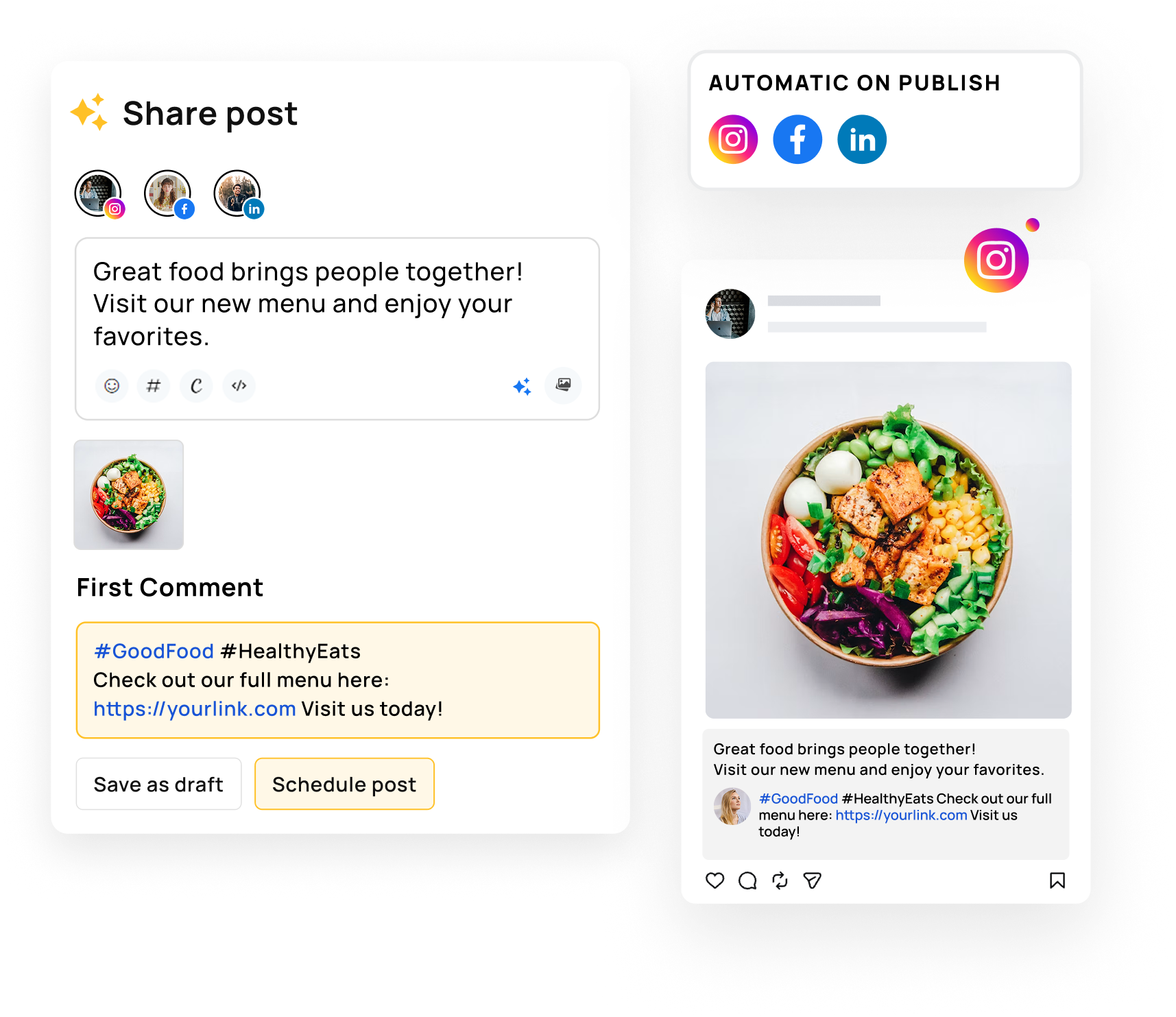 Schedule a first comment on Instagram, Facebook, and LinkedIn