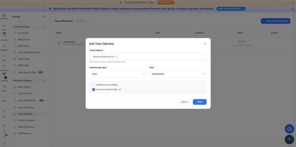 Add team member details popup in ContentStudio
