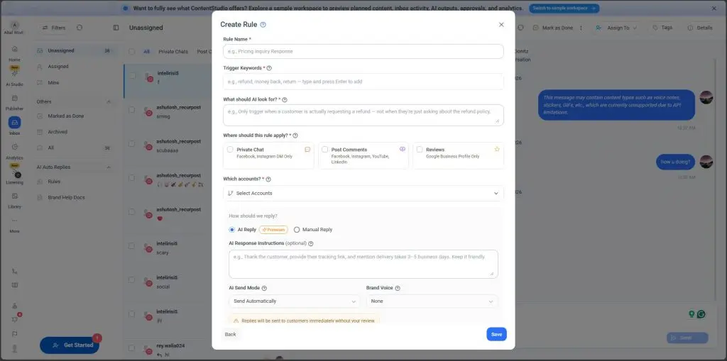Creating AI auto-reply rules in ContentStudio