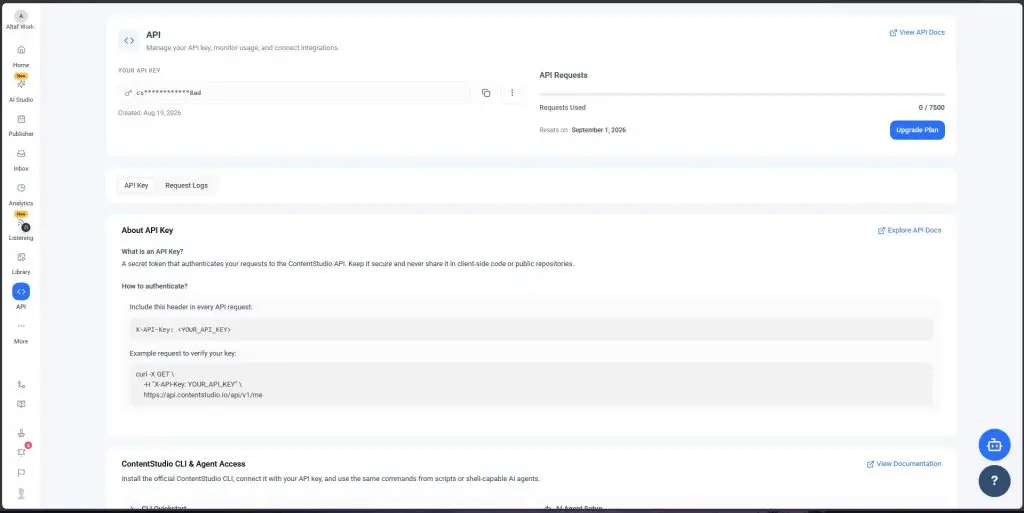 API key dashboard in ContentStudio
