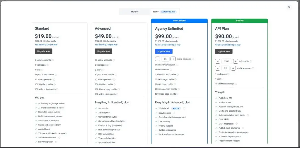 ContentStudio API plan price chart alongside its other plans