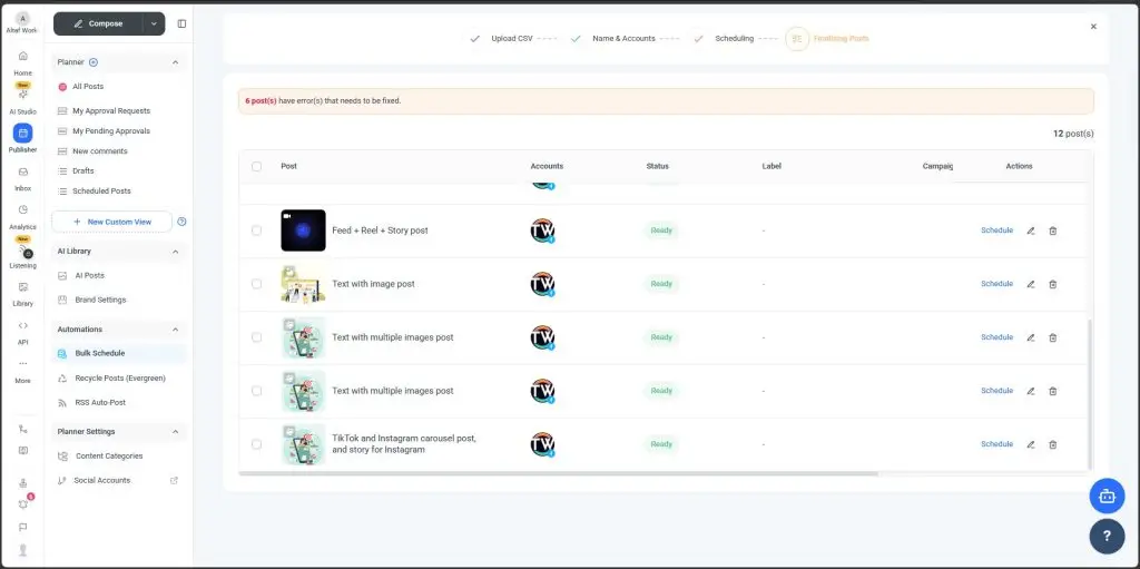 Bulk scheduling post view in ContentStudio