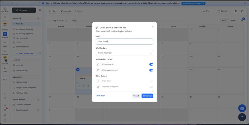 Creating a shareable client review link in ContentStudio