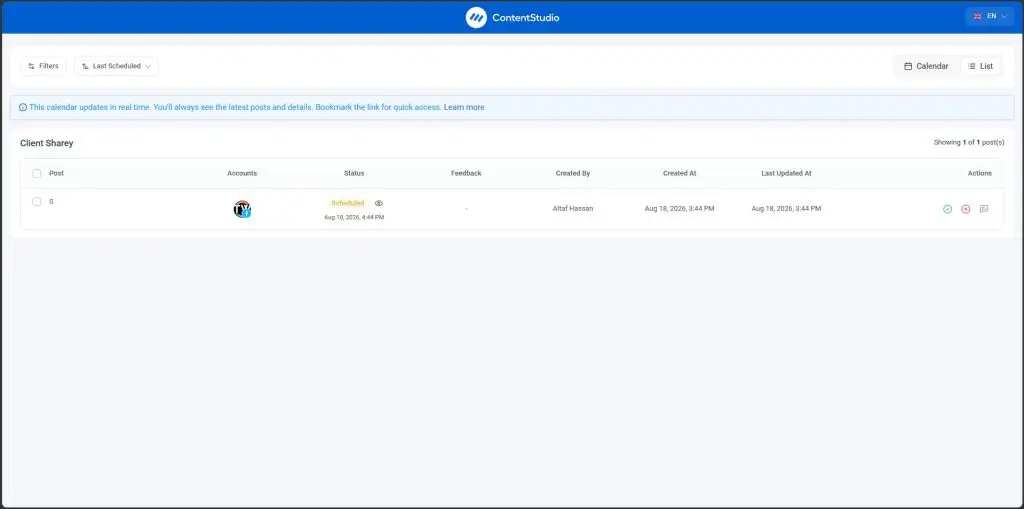 Client-side reports dashboard in ContentStudio