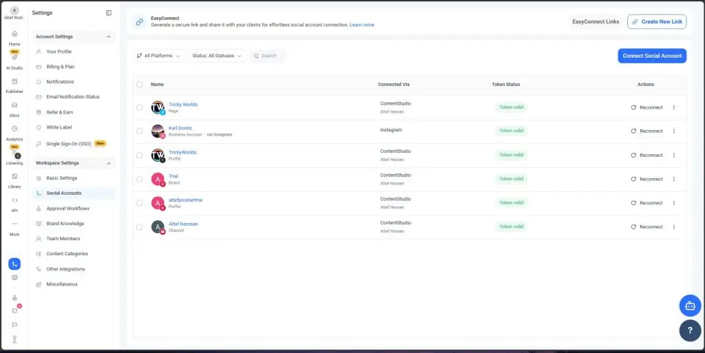 Connected social accounts dashboard in ContentStudio