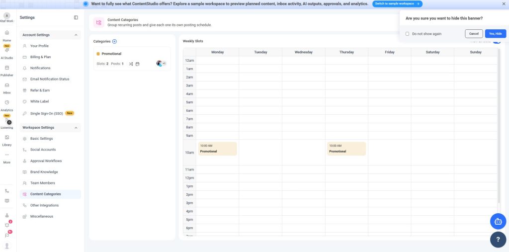 Content Categories dashboard in ContentStudio