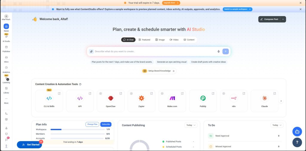 ContentStudio dashboard after first login
