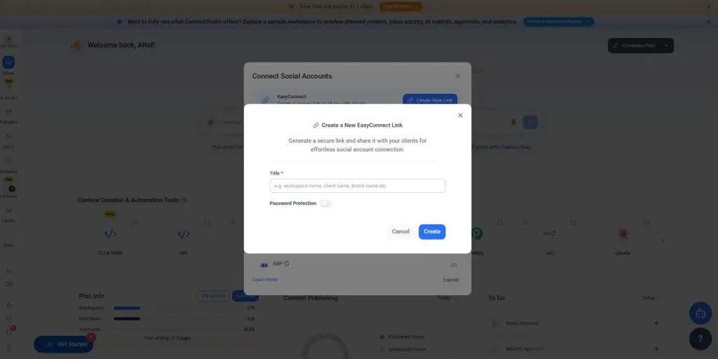 Creating an EasyConnect link in ContentStudio