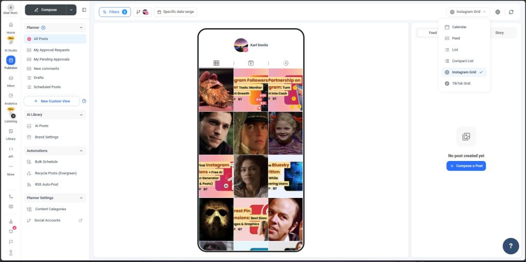 Instagram grid planning view in ContentStudio