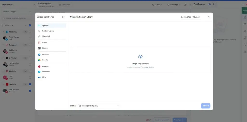 Media upload dashboard in ContentStudio