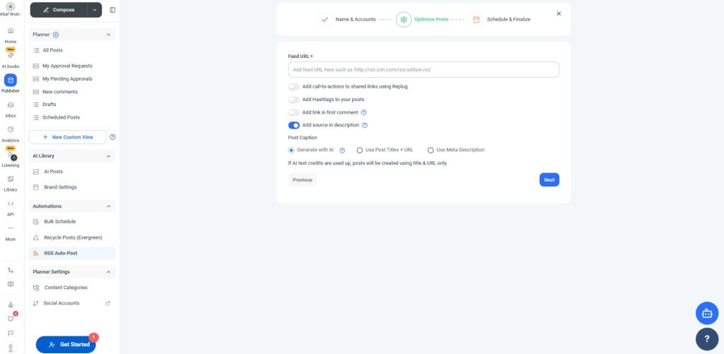 Adding an RSS feed in ContentStudio