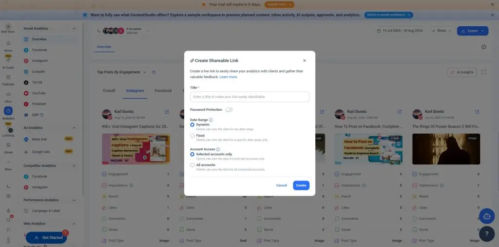 Sharing an analytics report through a link in ContentStudio