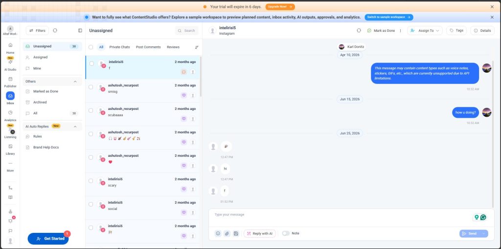 Social inbox dashboard in ContentStudio