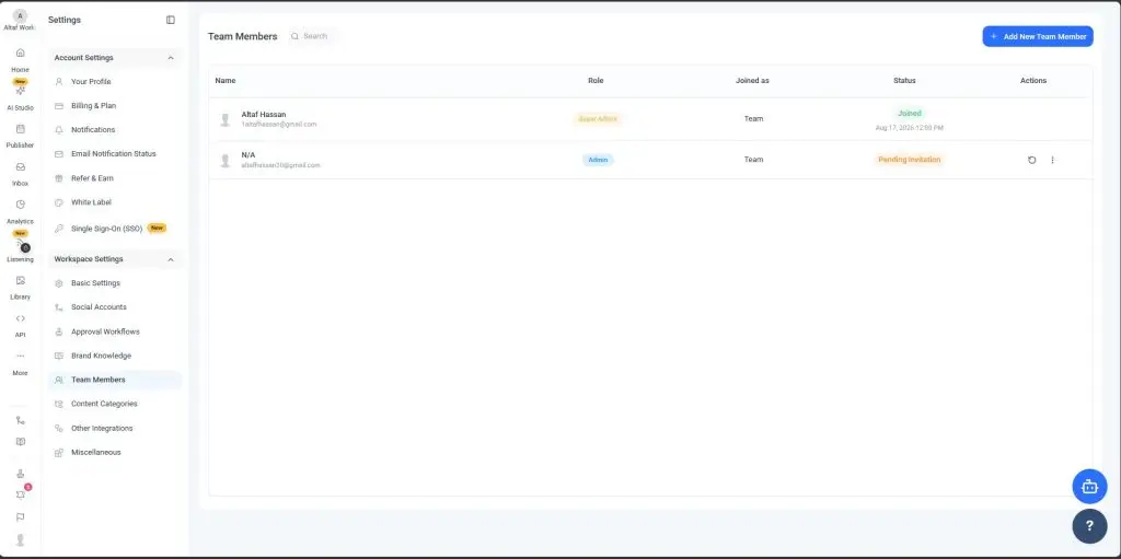 Team members dashboard in ContentStudio