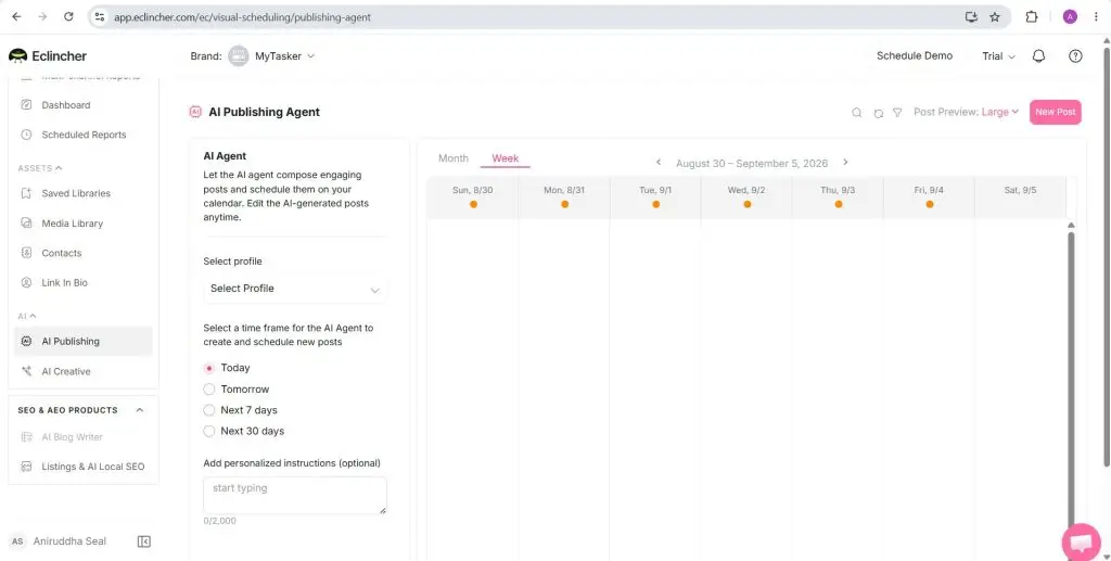 eClincher AI Publishing Agent composing and scheduling posts from a selected profile, time frame and personalized instructions