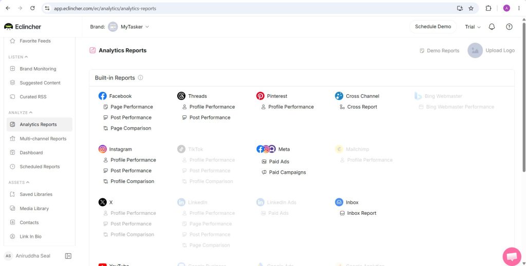 eClincher built-in analytics reports listed per network, including Facebook, Instagram, X, Pinterest and Meta paid ads