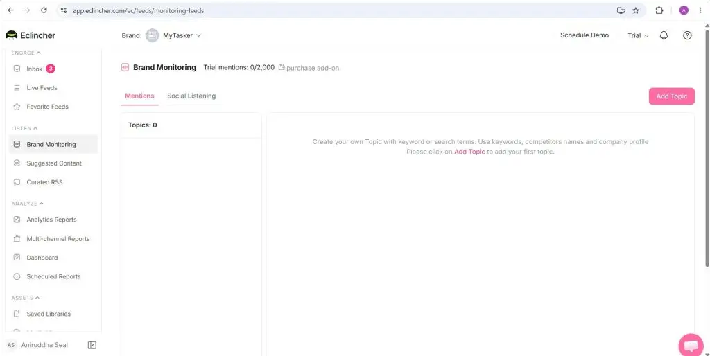 eClincher Brand Monitoring screen with Mentions and Social Listening tabs and a trial mention allowance