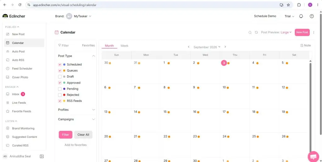 eClincher content calendar showing scheduled, queued and approved posts for September 2026