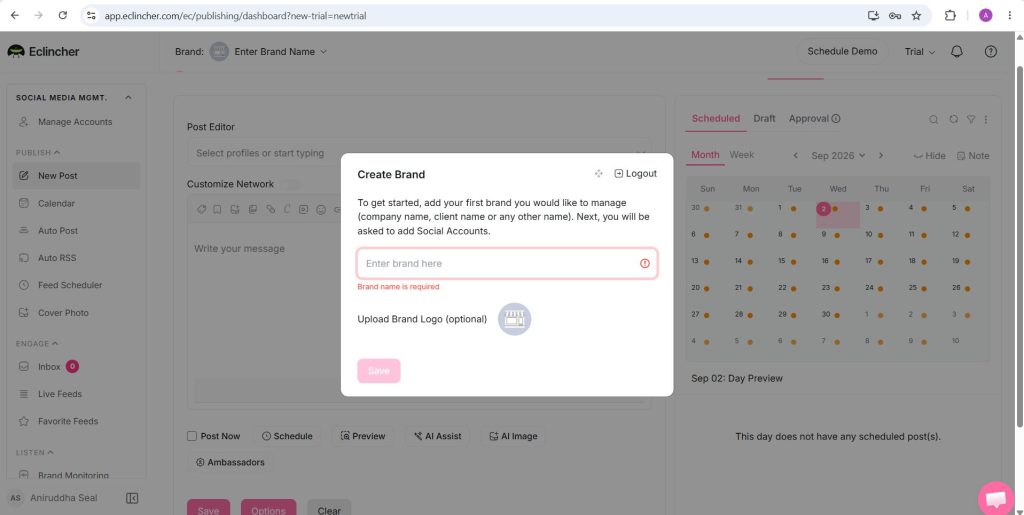 eClincher Create Brand dialog asking for a brand name and an optional brand logo