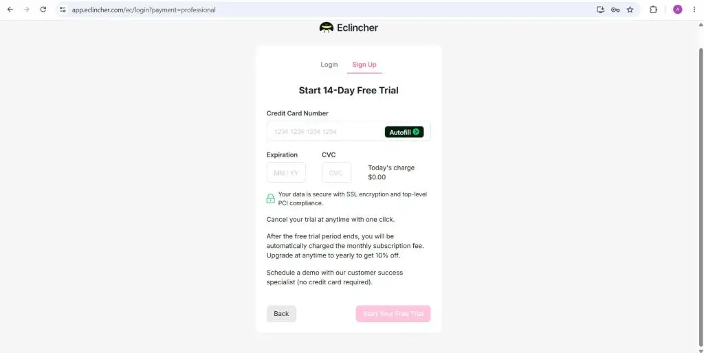 eClincher 14-day free trial sign-up form asking for a credit card number, expiration date and CVC