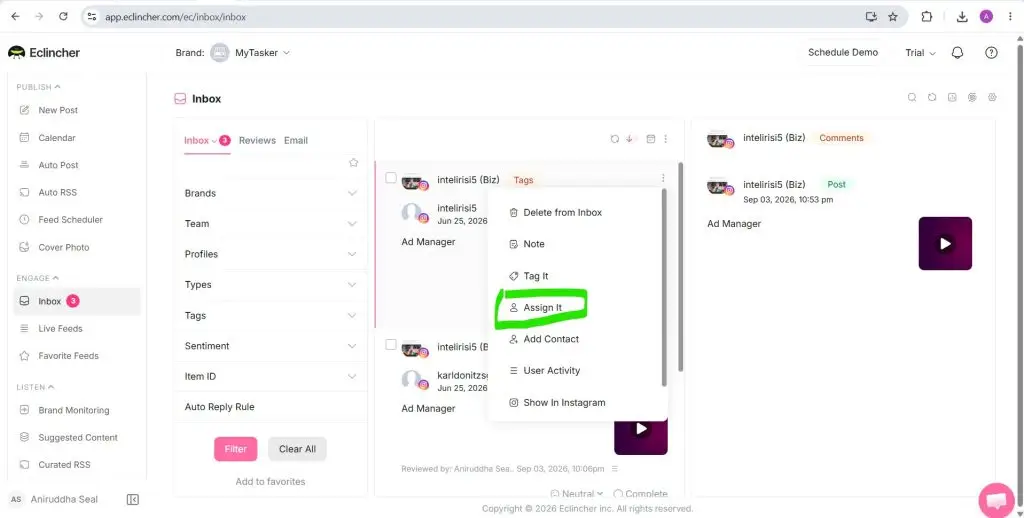 eClincher social inbox conversation menu with the Assign It option highlighted