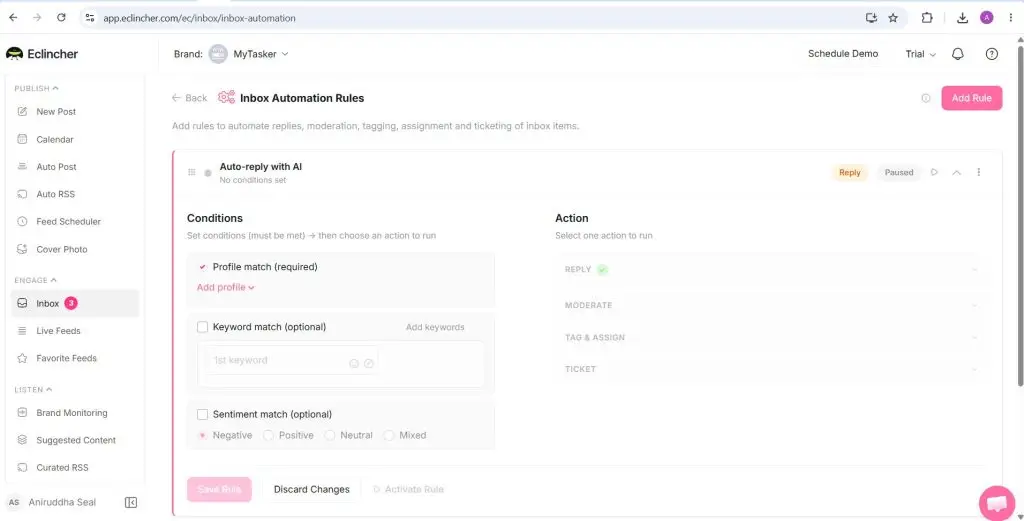 eClincher inbox automation rule with profile, keyword and sentiment conditions and reply, moderate, tag and ticket actions