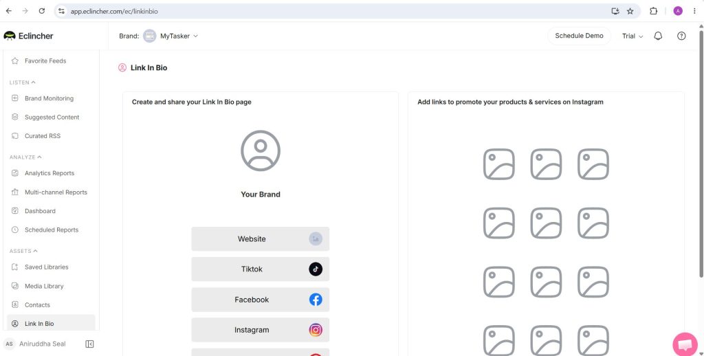 eClincher Link In Bio builder with website, TikTok, Facebook and Instagram link blocks