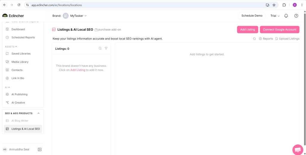 eClincher Listings and AI Local SEO product screen for adding business listings and connecting a Google account
