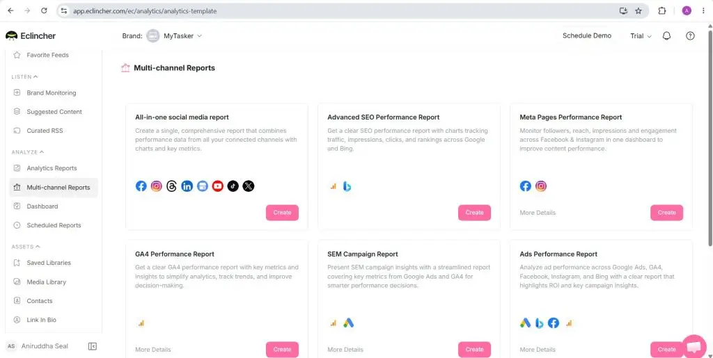 eClincher multi-channel report templates for all-in-one social, SEO, Meta pages and ads performance reporting