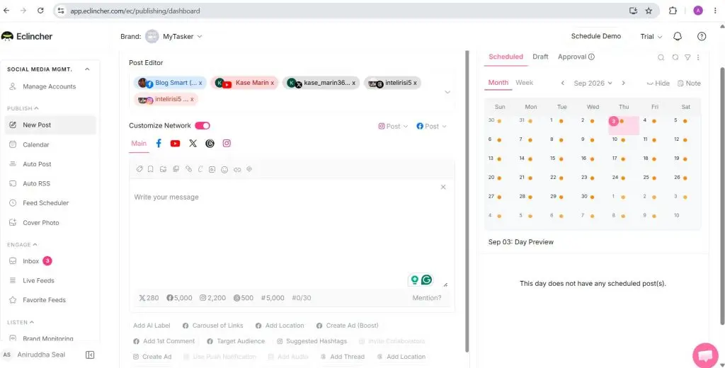 eClincher post editor with per-network customization tabs, character counters and per-platform post options