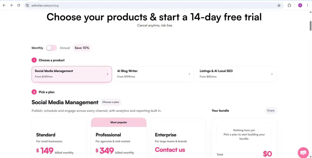 eClincher pricing page showing the Social Media Management, AI Blog Writer and Listings and AI Local SEO products