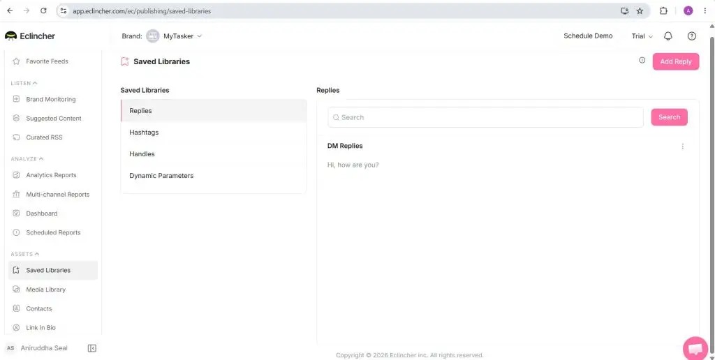 eClincher Saved Libraries holding saved replies, hashtags, handles and dynamic parameters