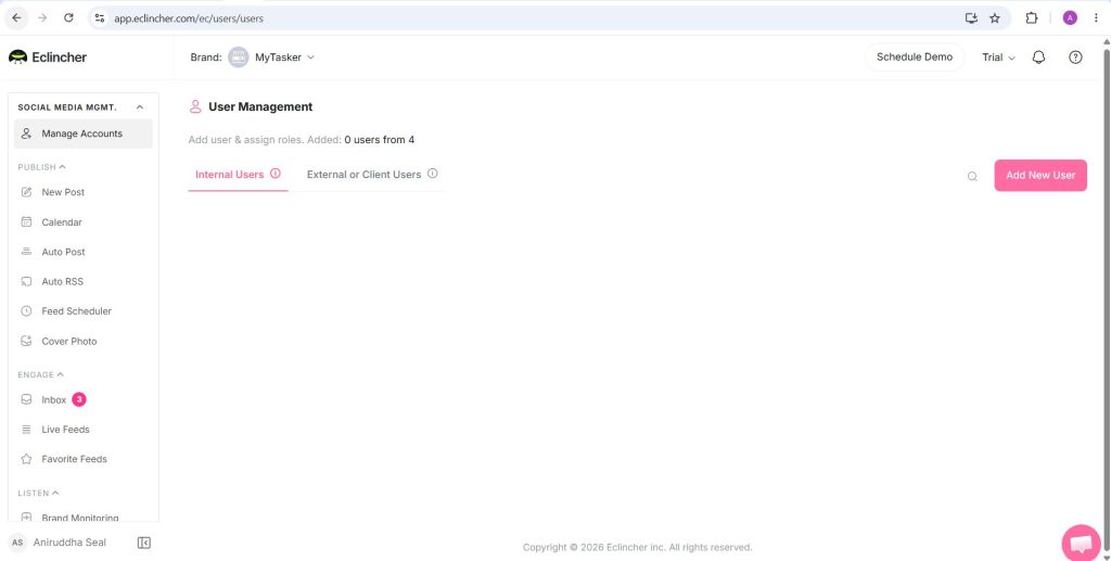 eClincher User Management screen with Internal Users and External or Client Users tabs