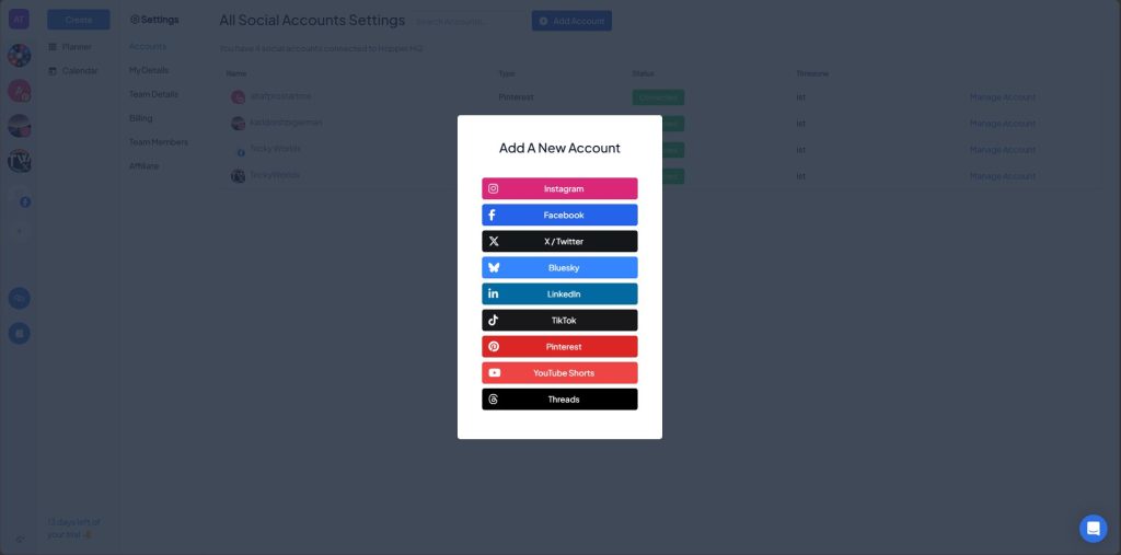 Adding a new social account in Hopper HQ