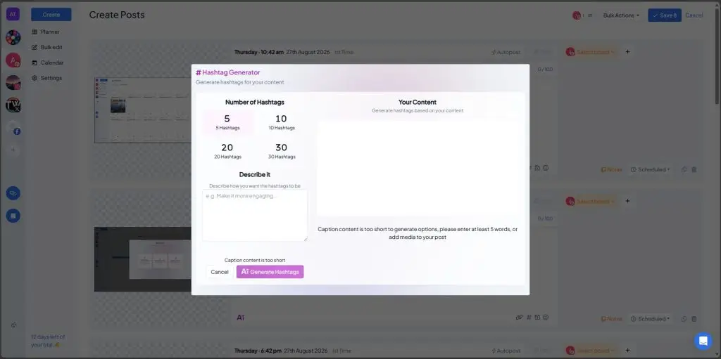 AI hashtag generator in Hopper HQ