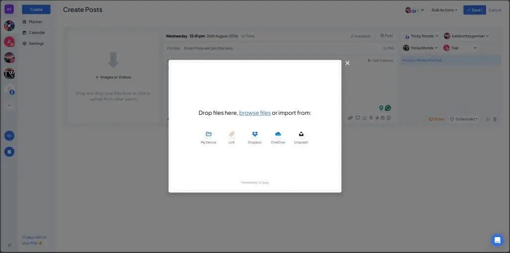 Media import options in Hopper HQ, including OneDrive, Dropbox, URL and Unsplash