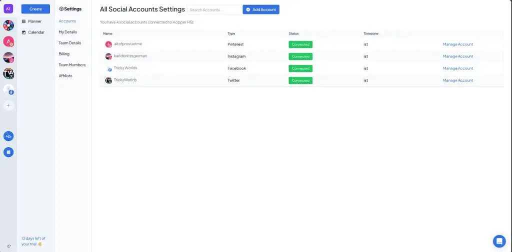 Connection settings for all social accounts in Hopper HQ