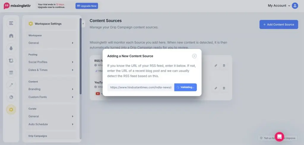 Missinglettr RSS feed setup screen used for bulk content import
