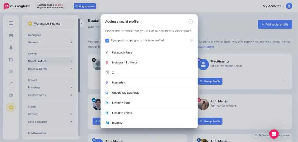 Missinglettr add a social profile dialog listing the networks it connects