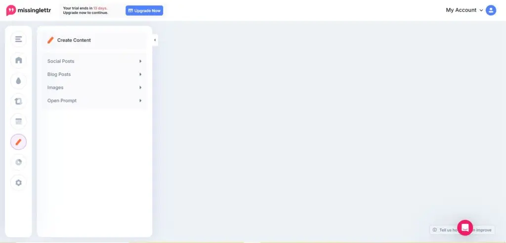 Missinglettr Create Content option generating posts, articles and images with AI