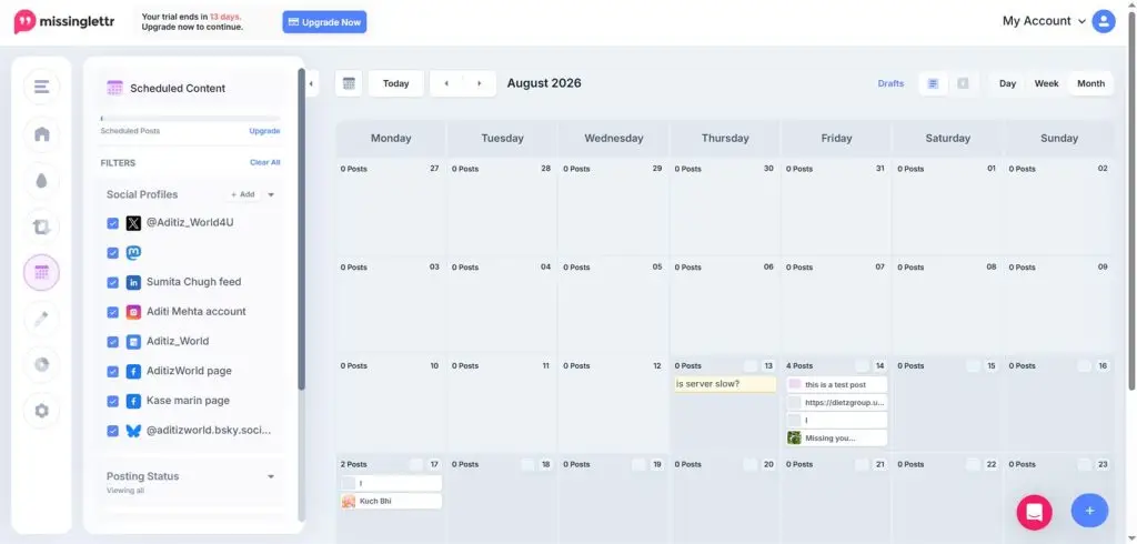 Missinglettr calendar with drag and drop rescheduling into available queue slots
