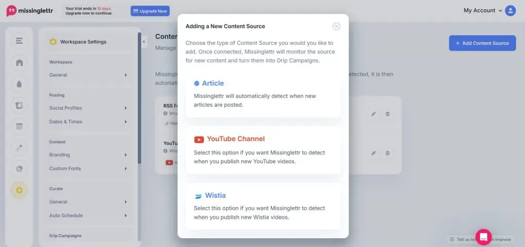Missinglettr content sources listing blog, RSS, YouTube and Wistia inputs