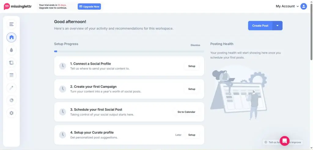 Missinglettr dashboard showing drip campaigns, scheduled posts and workspace navigation