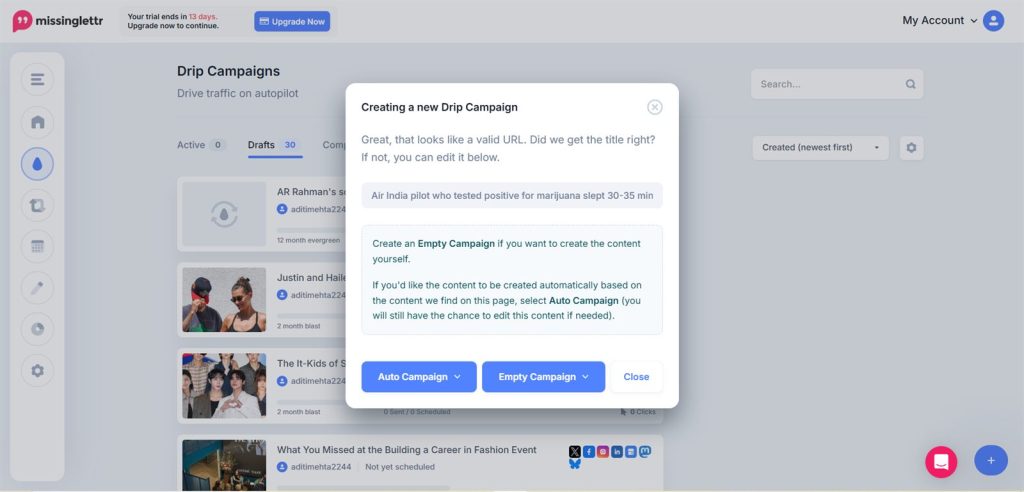 Missinglettr drip campaign builder generating a scheduled post sequence from one URL