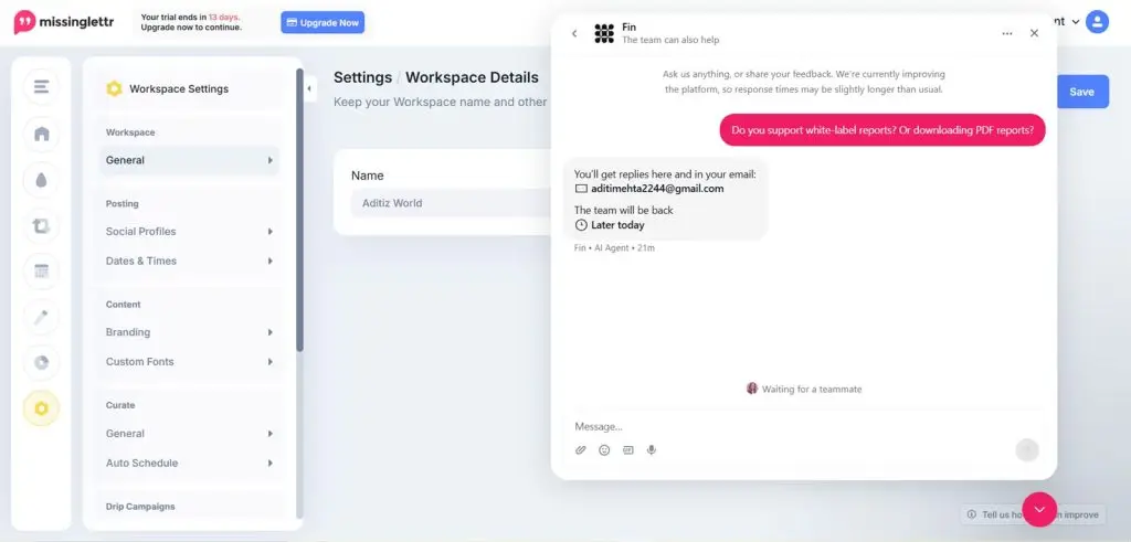 Missinglettr on-site messaging widget backed by the Fin AI assistant